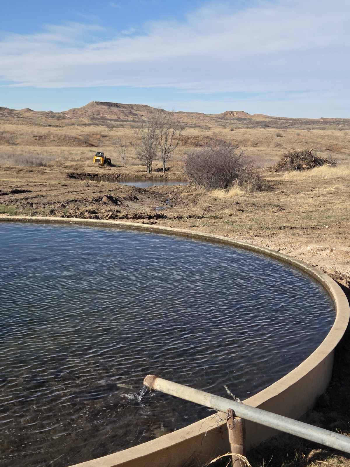 Windmill overflow catch pond for drought resilient water storage on Texas Panhandle ranch